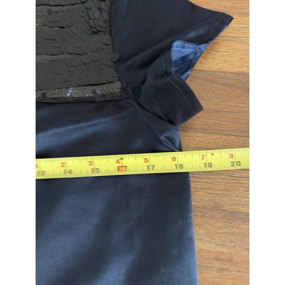 Vera Wang Sequined Party Dress Navy Blue Satin Midi With Black Sequin‎ Neckline - Picture 11 of 16